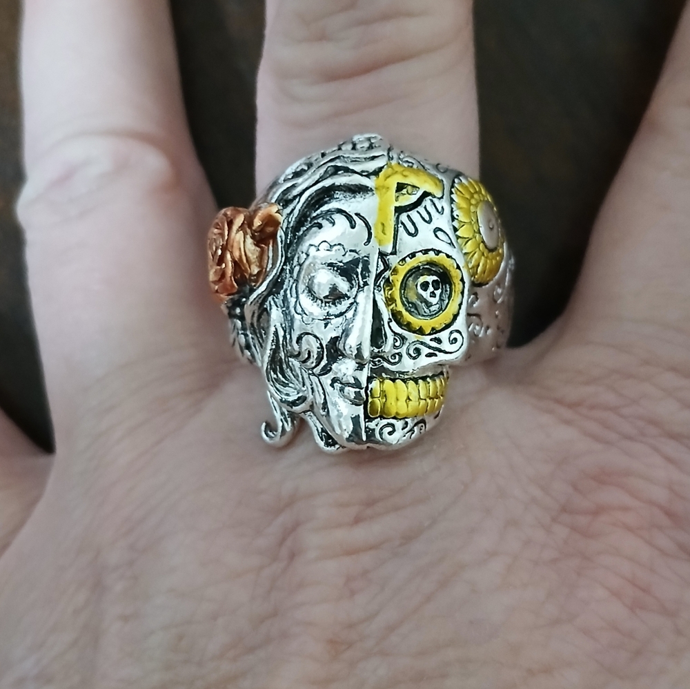 New Two Faced Sugar Skull Stainless Steel and Brass Ring.